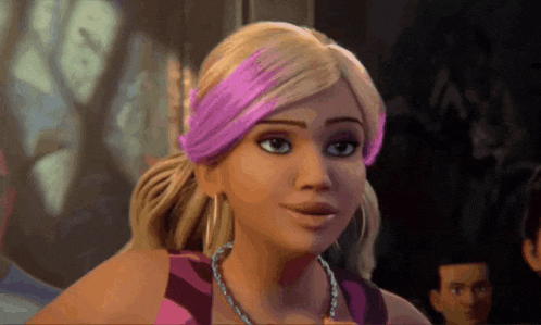 a cartoon barbie with purple hair and earrings
