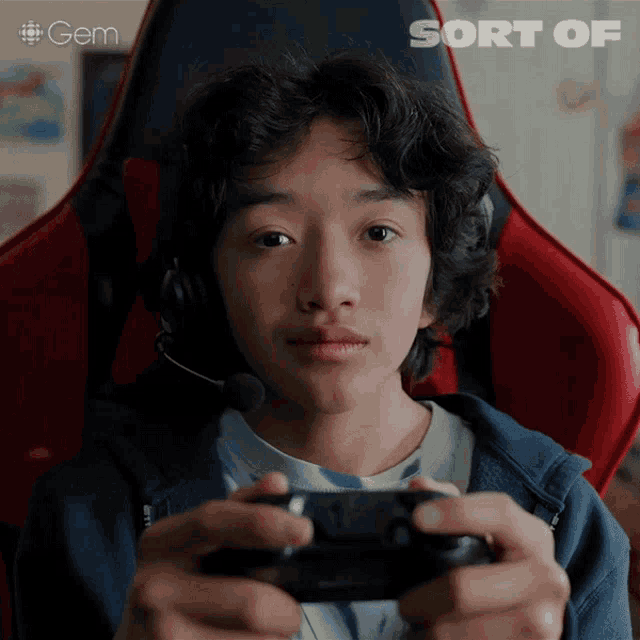 a young boy is playing a video game with the word sort of behind him