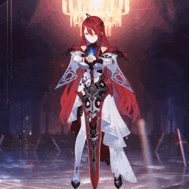a girl with red hair is holding a sword in her hands