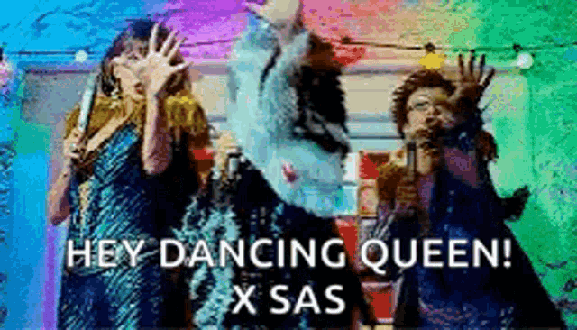 a group of women are dancing in front of a rainbow wall with the words `` hey dancing queen ! x sas '' .