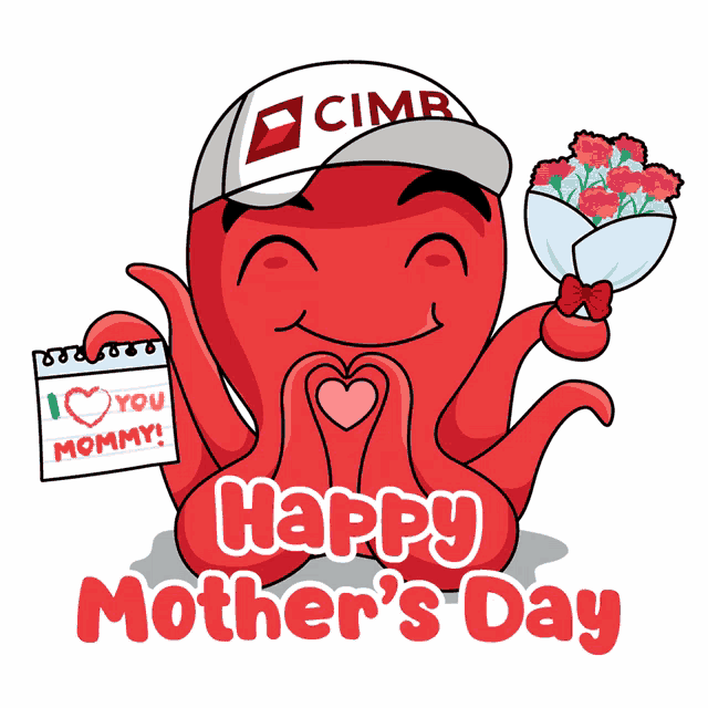 a cartoon octopus holding a bouquet of flowers with the words happy mother 's day below it