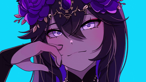 a drawing of a girl with purple hair and a purple flower crown on her head