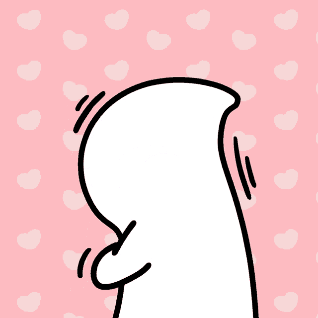 a cartoon drawing of a person covering their mouth with their hand on a pink background with hearts