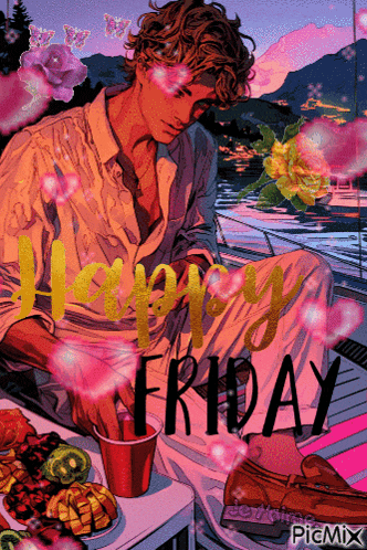 a painting of a man sitting at a table with the words happy friday on the bottom