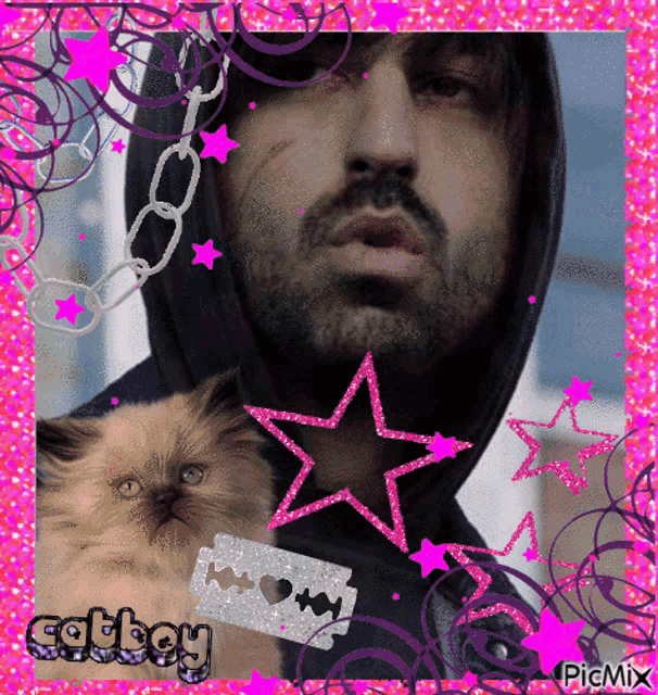 a picture of a man with a kitten and a razor blade says catboy on the bottom