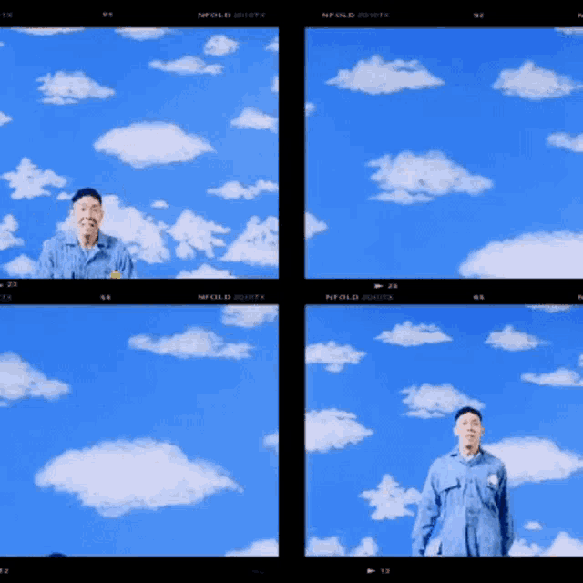 four images of a man standing in front of a blue sky with white clouds