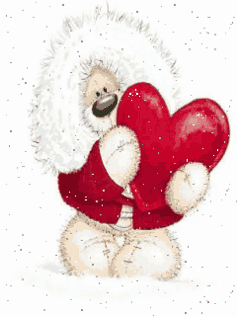 a teddy bear is holding a large red heart in his hands