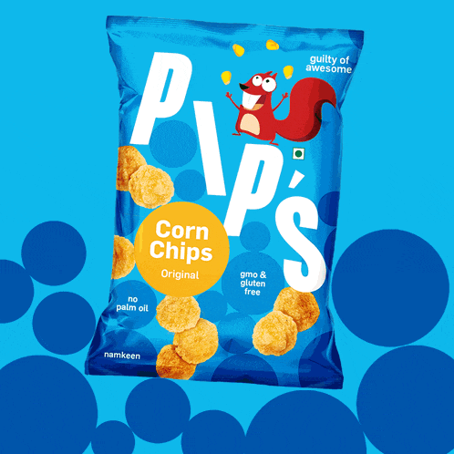 a blue bag of pip 's corn chips with a squirrel on it