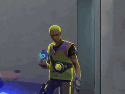 a man in a yellow shirt is standing in a hallway with his head in the air