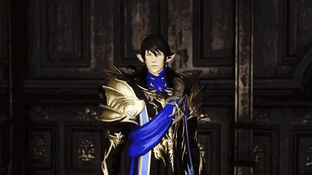 a man in a black and gold armor with a blue scarf around his waist