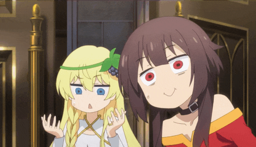 a girl with a flower in her hair stands next to a girl with red eyes