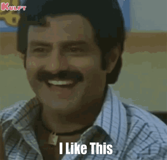 a man with a mustache smiles and says " i like this "