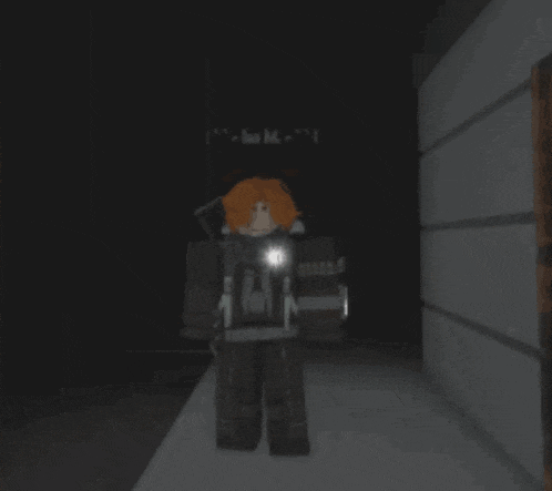 a person is walking down a hallway in a dark room with a light on their back .