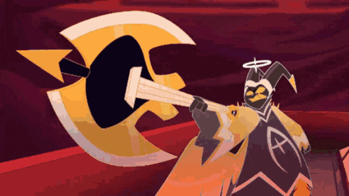 a cartoon character holding a large axe with a halo on his head