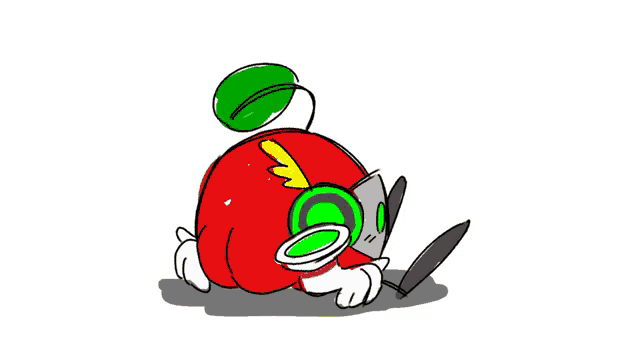 a cartoon drawing of a red apple with a green leaf and wings