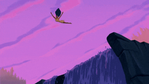 a woman is jumping over a waterfall in a cartoon