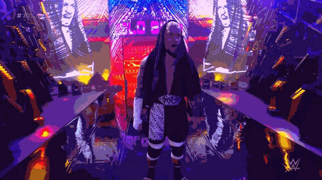 a wrestler is walking down a hallway with a sign that says ' ecw ' on it