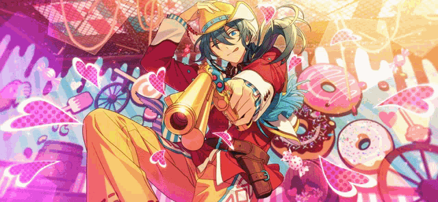 a man with long blue hair is holding a gun in front of a colorful background of donuts and hearts .