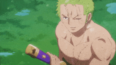 a shirtless anime character is holding a purple sword
