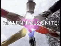 a group of people are holding hands in a circle with the words millennials unite in the middle .
