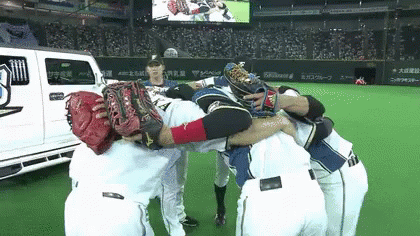 日ハム Hokkaido Nippon-ham Fighters ベースボール　野球 GIF - Huddle Group Hug Hug GIFs