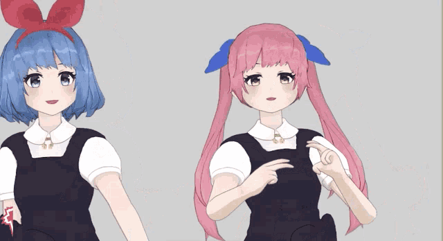 two anime girls are standing next to each other with chinese writing on the bottom right