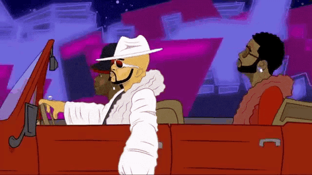 a man in a white hat is driving a red car with two other men