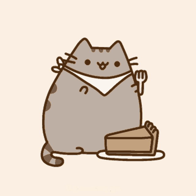 a cartoon cat is holding a fork next to a slice of pumpkin pie