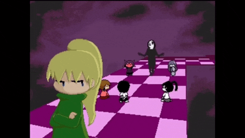 a girl in a green sweater is standing in front of a checkered floor
