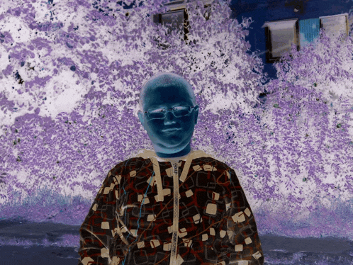 a painting of a man with glasses and a purple background