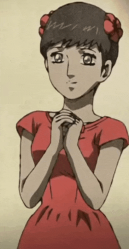 a drawing of a girl in a red dress with her hands folded in front of her face