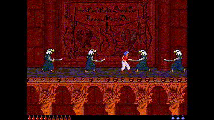 a video game scene with a sign that says " he who would build the flames must die "