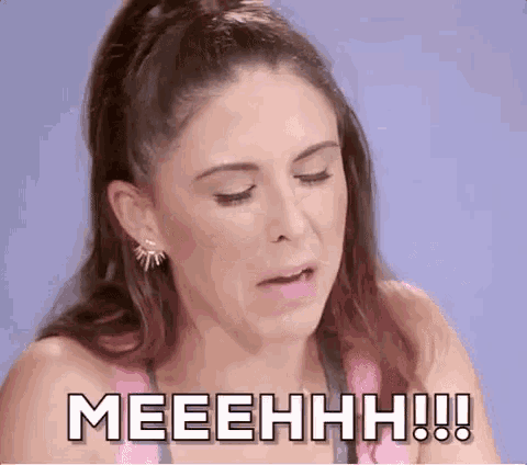 a woman with a ponytail is making a funny face and saying meeeeehhh !