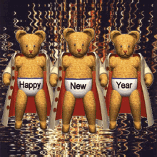 three teddy bears wearing superhero capes and diapers that say happy new year