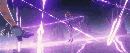 a woman is standing in the middle of a purple lightning storm holding a sword in her hand .