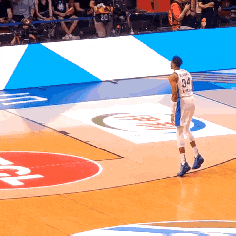 a basketball player wearing a number 34 jersey stands on the court