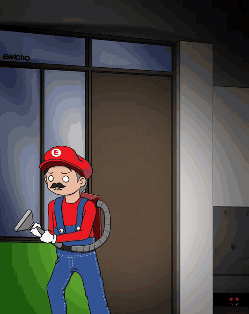a cartoon of mario wearing a red hat with the letter e