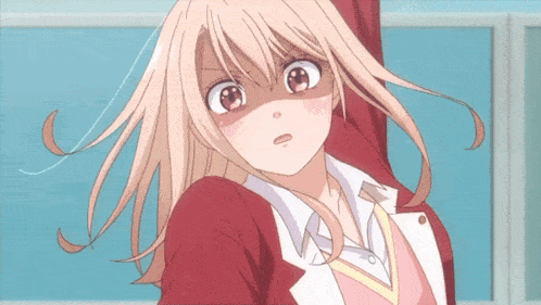 a girl with blonde hair and red eyes is wearing a red jacket and white shirt