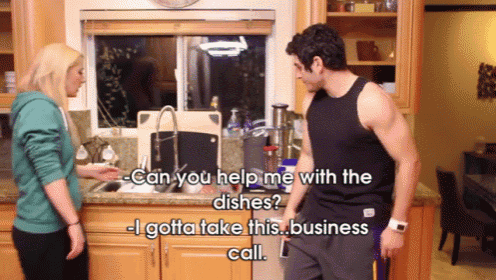 a man and a woman standing in a kitchen with the man saying " can you help me with the dishes ? "