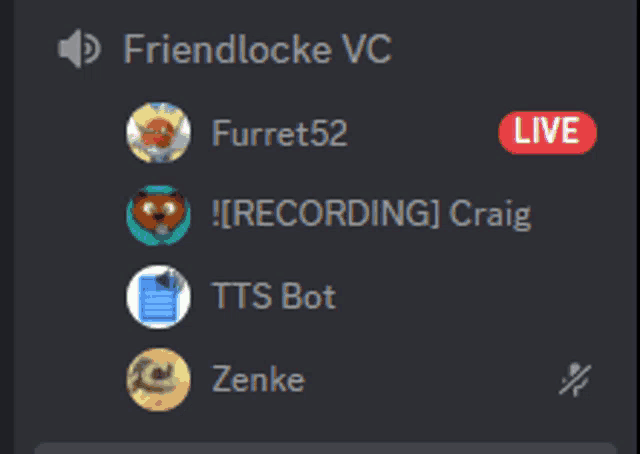 a screenshot of a discord chat with friends including friendlocke vc