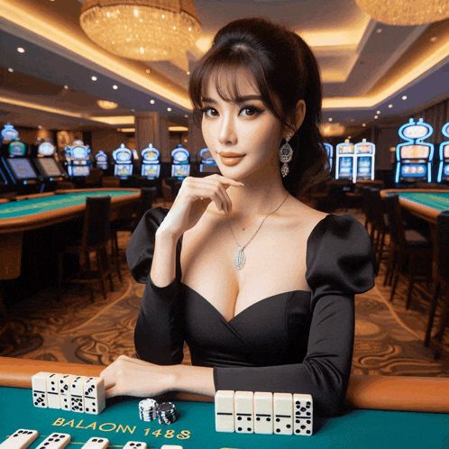 a woman playing dominoes in a casino with a table that has the number 1488 on it