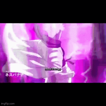 a person is standing in a purple room with a purple background and says `` music therapy '' .