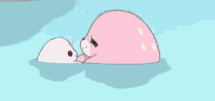 a pink seal laying on top of a white seal in the water