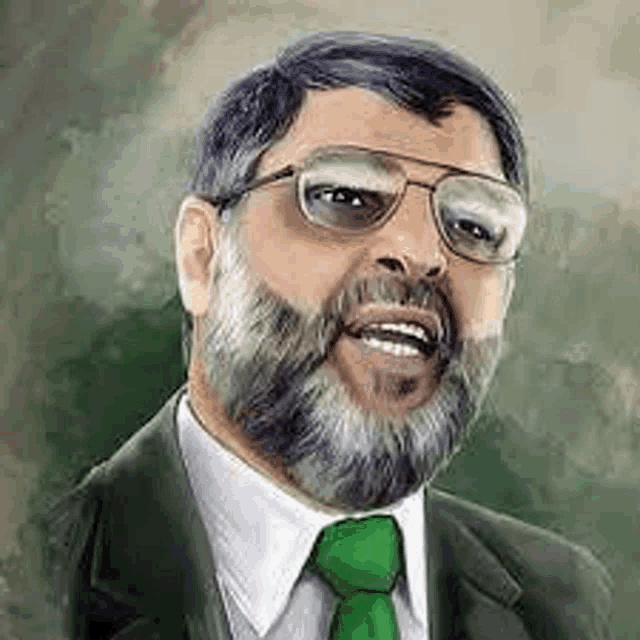 a man with a beard and glasses is wearing a green tie and a suit .