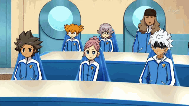 a group of anime characters are sitting around a table with a tv screen behind them that says tvtokyo
