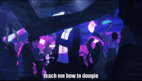 a man is dancing in front of a crowd and the words teach me how to dougie are above him