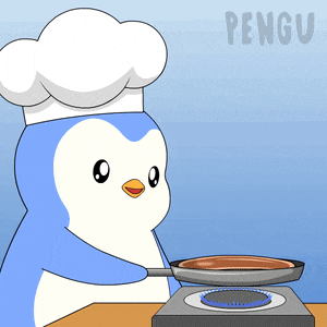 a penguin wearing a chef 's hat is cooking on a gas stove