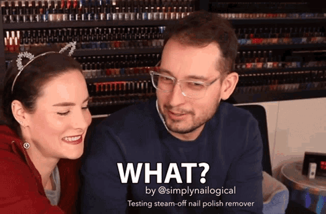a man and a woman are sitting next to each other with the words what by @simplynaillogical on the bottom