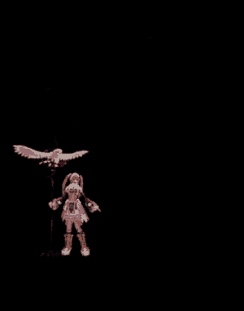 a cartoon character is standing in front of a microphone while a bird flies overhead .