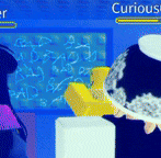 a cartoon of two people looking at a chalkboard with the word curious written on it